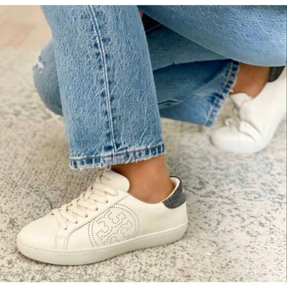 Tory Burch Shoes - Tory Burch Leigh T-Logo Sneaker Calf Leather Cream/Grey Women’s Size 7